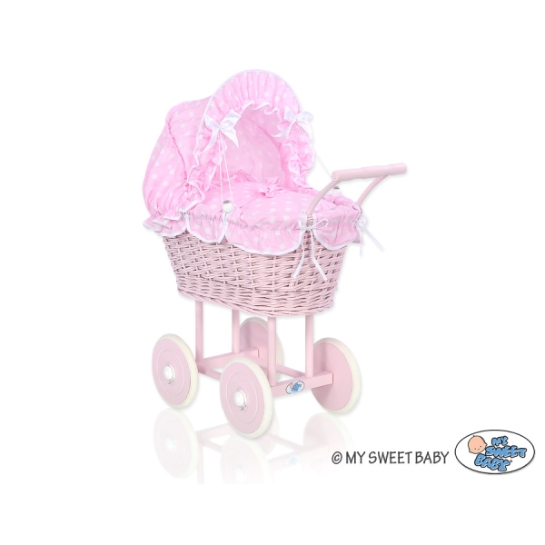 Landau pour Poupée en Osier Rose à Pois Rose Poussiéreux