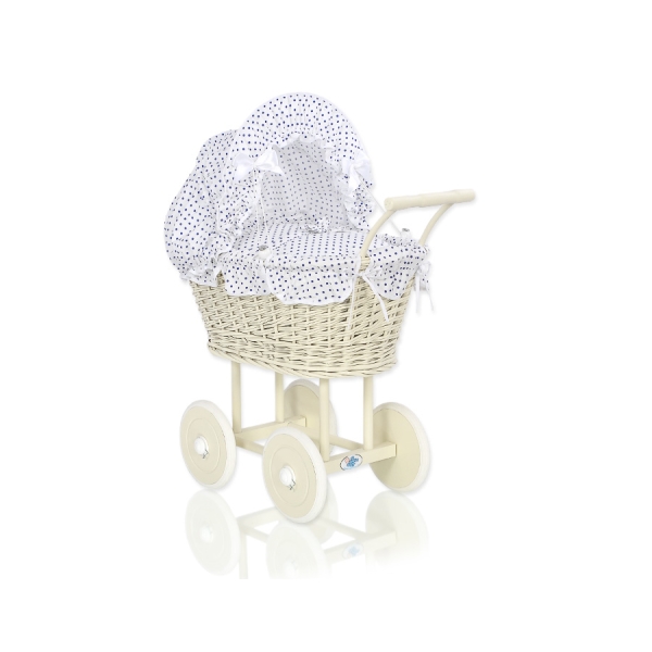 Landau pour Poupée en Rotin avec Textile Crème Blanc Bleu Marine à Pois