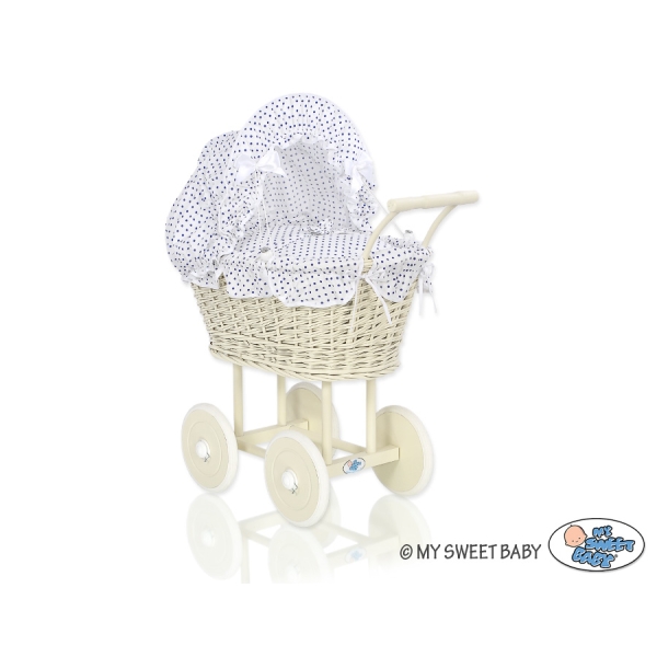 Landau pour Poupée en Rotin avec Textile Crème Blanc Bleu Marine à Pois