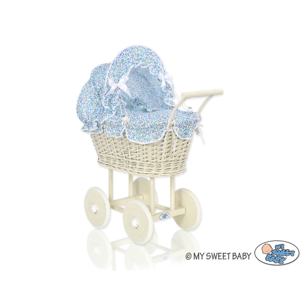 Landau pour Poupée en Rotin avec Textile Crème Bleu Fleurs