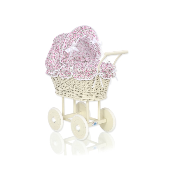 Landau pour Poupée en Rotin avec Textile Rose Fleurs