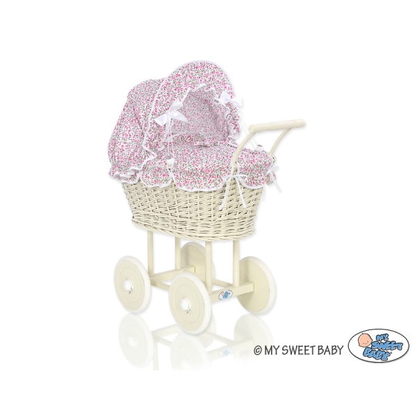 Landau pour Poupée en Rotin avec Textile Rose Fleurs