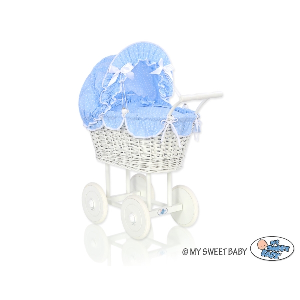 Landau Poussette de Poupée en Osier Blanc Bleu à Pois