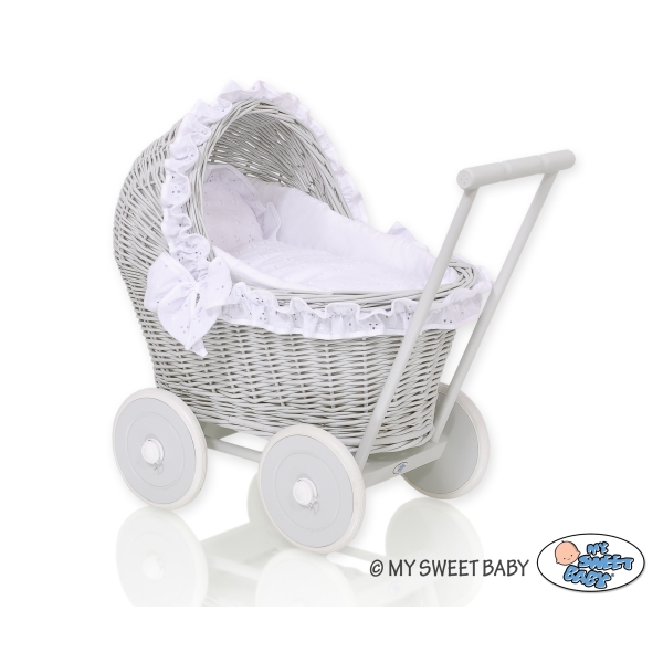 Landau Poussette de Poupée en Osier Blanc Gris