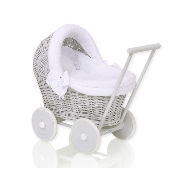 Landau Poussette de Poupée en Osier Blanc Gris