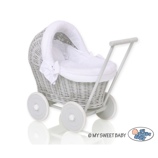 Landau Poussette de Poupée en Osier Blanc Gris