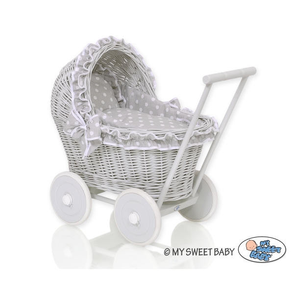 Landau Poussette de Poupée en Osier Blanc Gris à Pois
