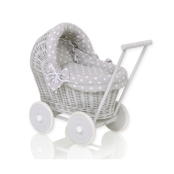 Landau Poussette de Poupée en Osier Blanc Gris à Pois