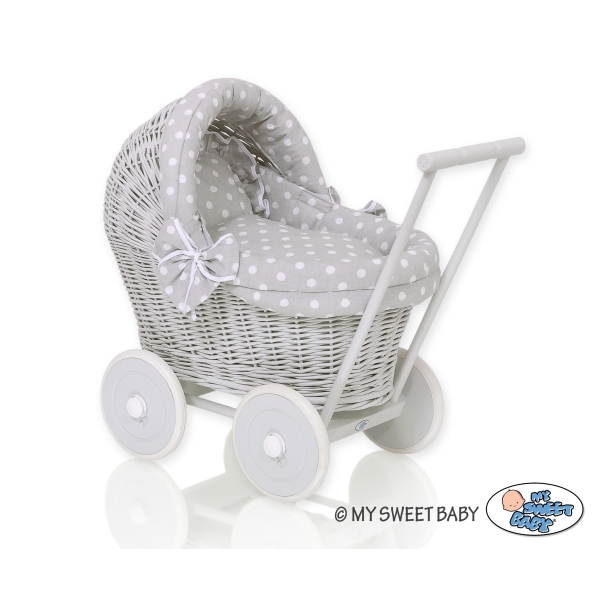 Landau Poussette de Poupée en Osier Blanc Gris à Pois