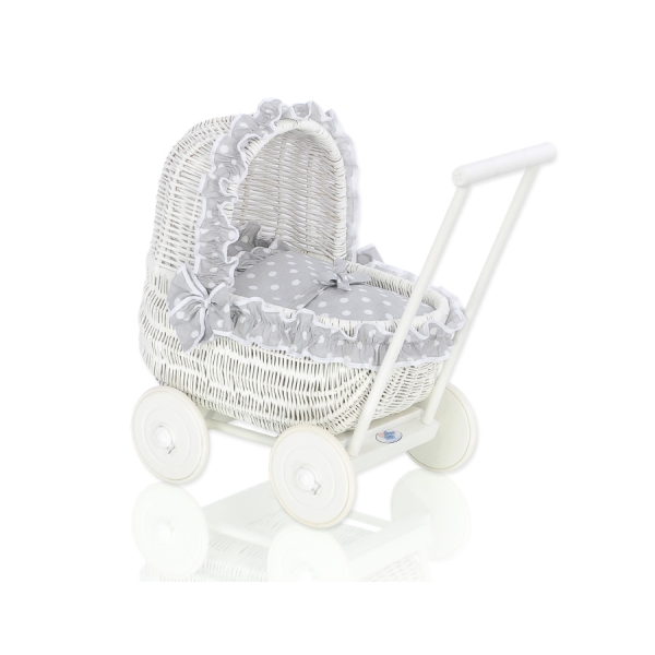 Landau Poussette de Poupée en Osier Blanc Gris à Pois