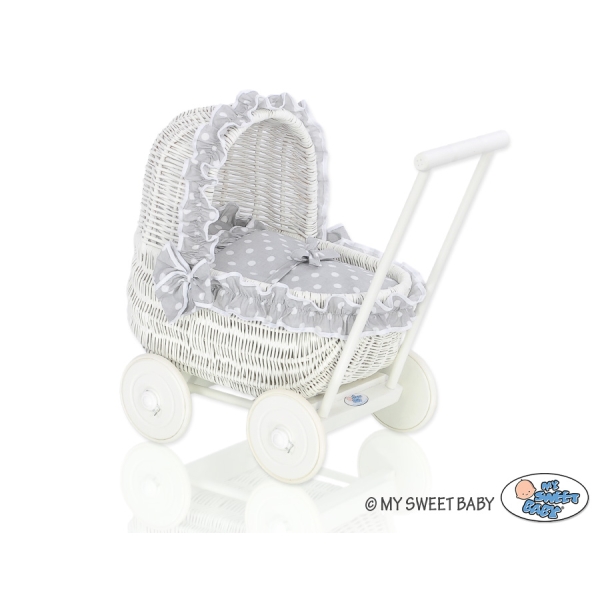 Landau Poussette de Poupée en Osier Blanc Gris à Pois