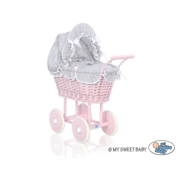 Landau Poussette de Poupée en Osier Blanc Gris à Pois Rose Poussiéreux