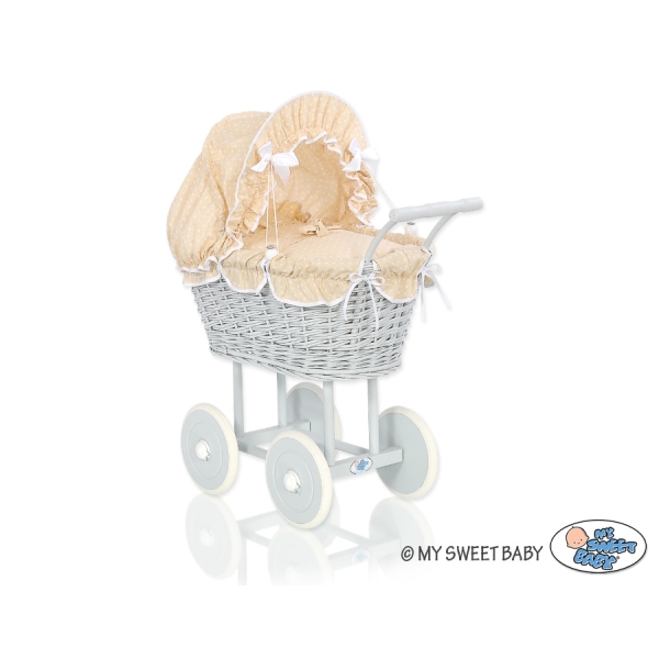 Landau Poussette de Poupée en Osier Blanc Gris Beige à Pois