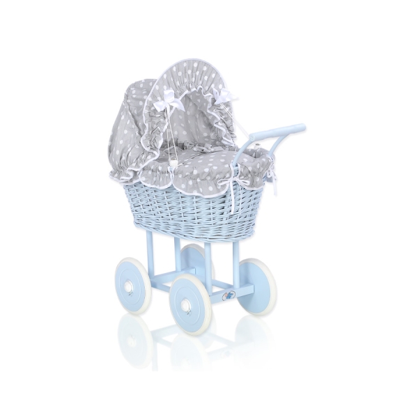 Landau Poussette de Poupée en Osier Blanc Gris Bleu à Pois