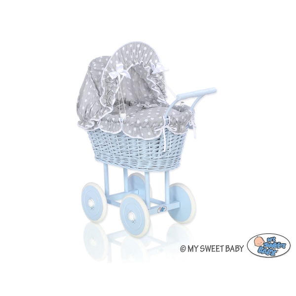Landau Poussette de Poupée en Osier Blanc Gris Bleu à Pois