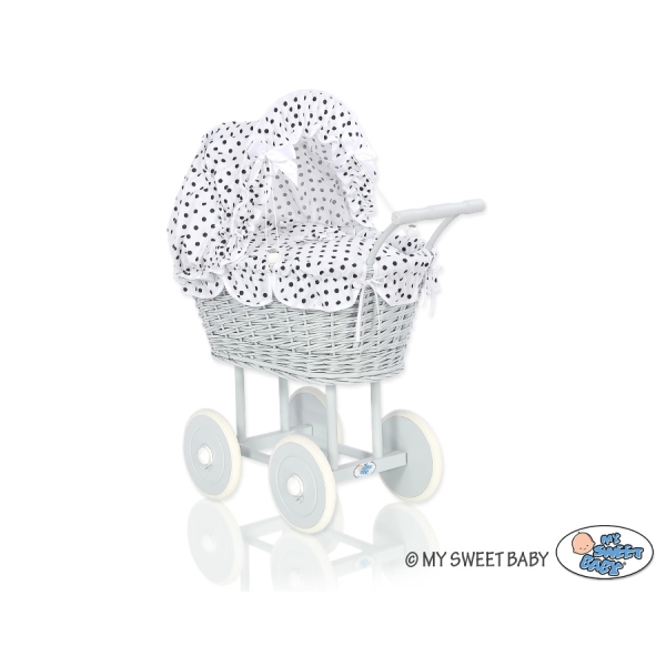 Landau Poussette de Poupée en Osier Blanc Gris Noir à Pois