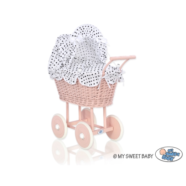 Landau Poussette de Poupée en Osier Blanc Noir à Pois Rose Poudré