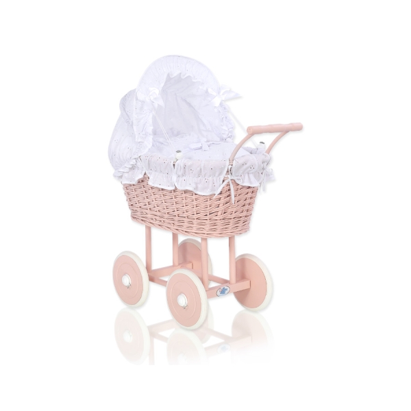 Landau Poussette de Poupée en Osier Blanc Rose Poudré