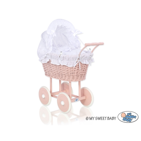 Landau Poussette de Poupée en Osier Blanc Rose Poudré