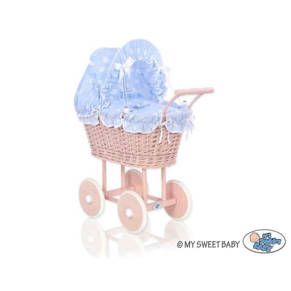 Landau Poussette de Poupée en Osier Bleu à Pois Rose Poudré