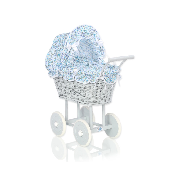 Landau Poussette de Poupée en Osier Bleu Gris Fleurs