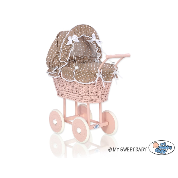 Landau Poussette de Poupée en Osier Brun à Pois Rose Poudré