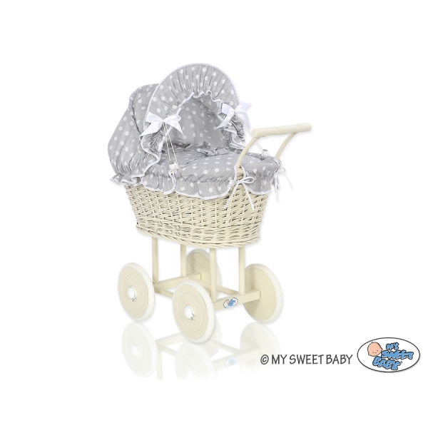 Landau Poussette de Poupée en Osier Crème Blanc Gris à Pois
