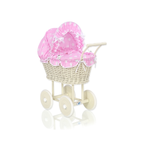 Landau Poussette de Poupée en Osier Crème Rose à Pois