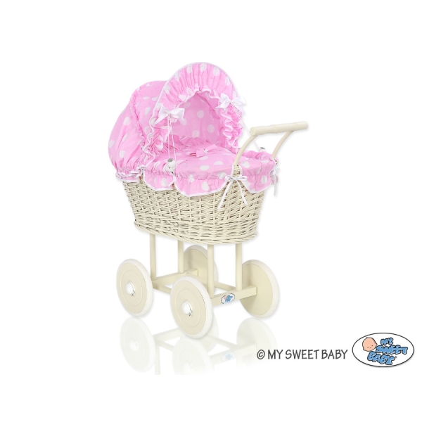 Landau Poussette de Poupée en Osier Crème Rose à Pois