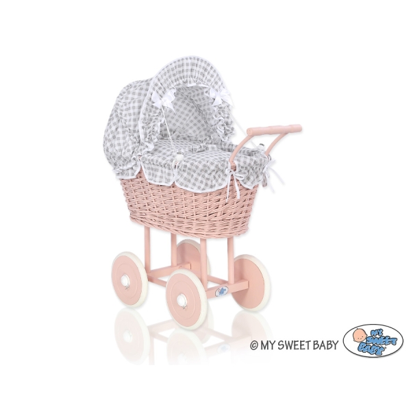Landau Poussette de Poupée en Osier Gris à Carreaux Rose Poudré