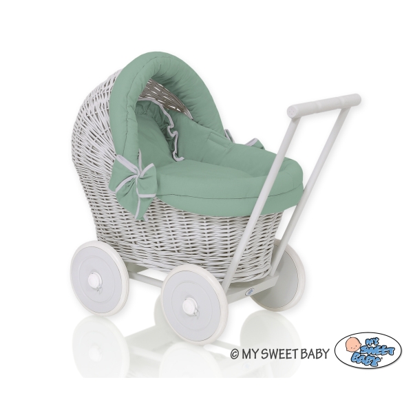 Landau Poussette de Poupée en Osier Gris Blanc Vert