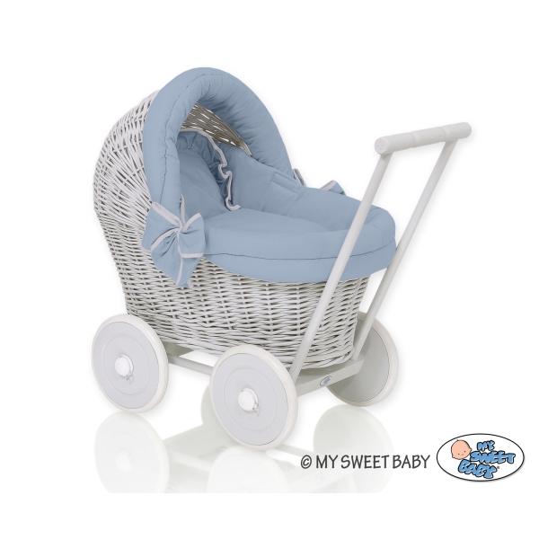 Landau Poussette de Poupée en Osier Gris Bleu Pastel