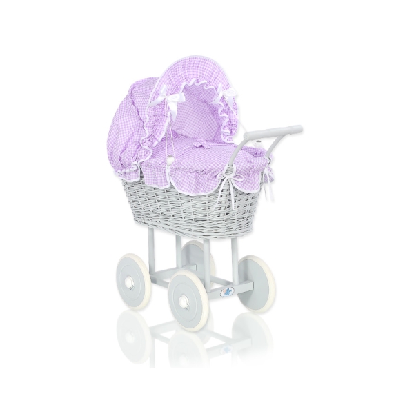 Landau Poussette de Poupée en Osier Gris Lila à Carreaux