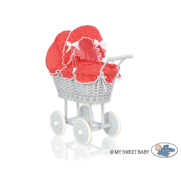Landau Poussette de Poupée en Osier Gris Rouge à Pois