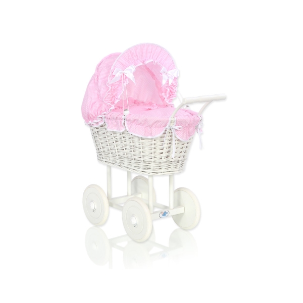 Landau Poussette de Poupée en Osier Rose à Carreaux