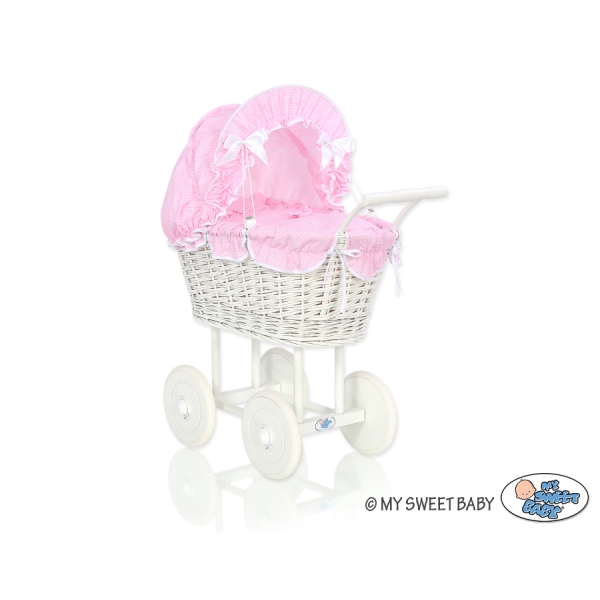 Landau Poussette de Poupée en Osier Rose à Carreaux