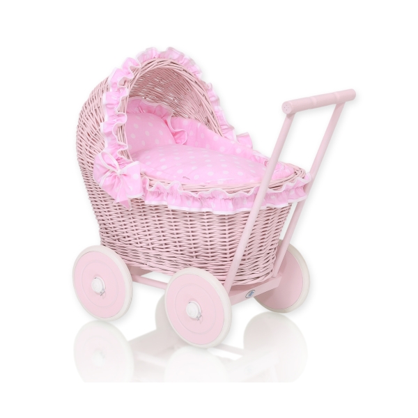 Landau Poussette de Poupée en Osier Rose à Pois