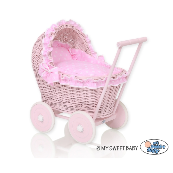 Landau Poussette de Poupée en Osier Rose à Pois