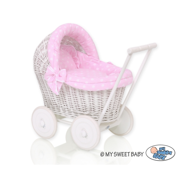 Landau Poussette de Poupée en Osier Rose à Pois