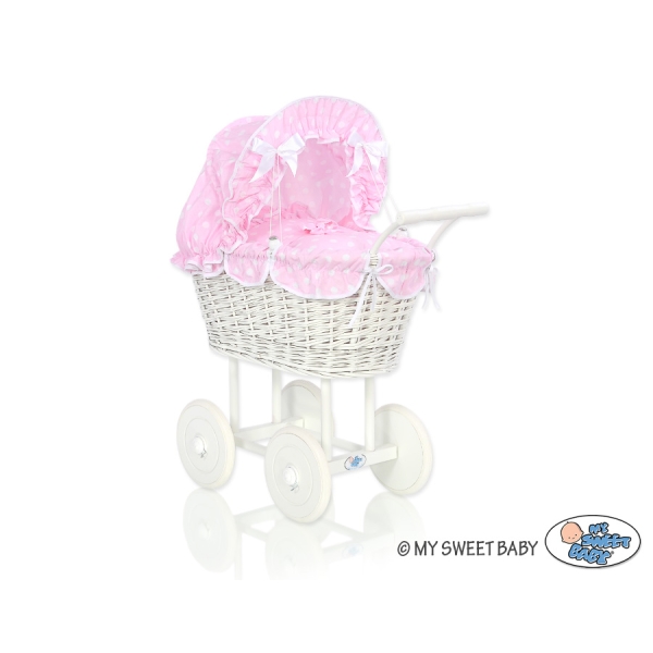 Landau Poussette de Poupée en Osier Rose à Pois