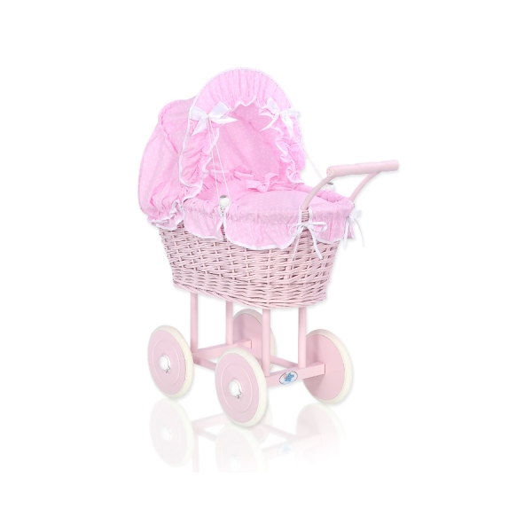 Landau Poussette de Poupée en Osier Rose Blanc à Pois Rose Poussiéreux