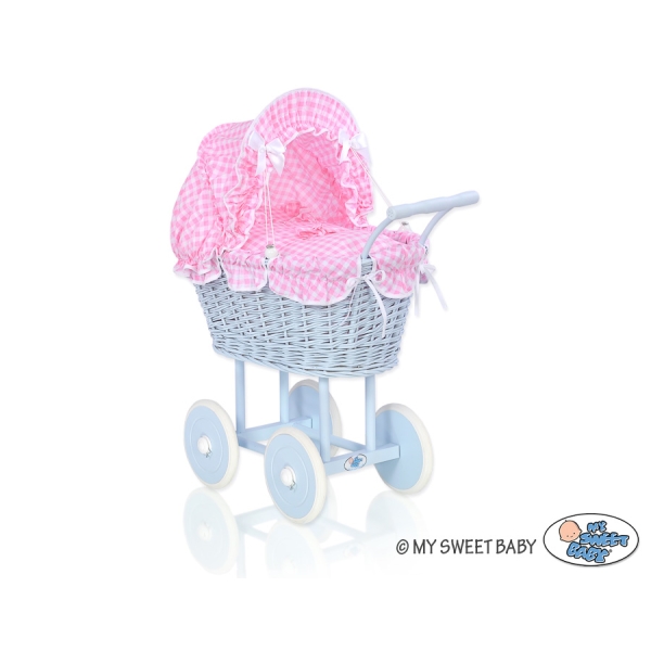 Landau Poussette de Poupée en Osier Rose Bleu à Carreaux