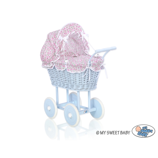 Landau Poussette de Poupée en Osier Rose Bleu Fleurs