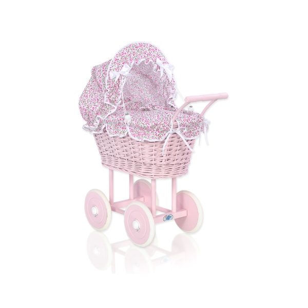 Landau Poussette de Poupée en Osier Rose Fleurs Rose Poussiéreux