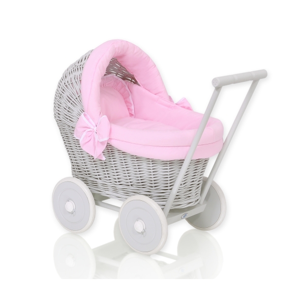 Landau Poussette de Poupée en Osier Rose Gris