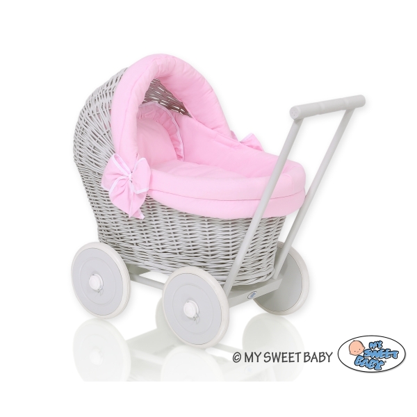 Landau Poussette de Poupée en Osier Rose Gris