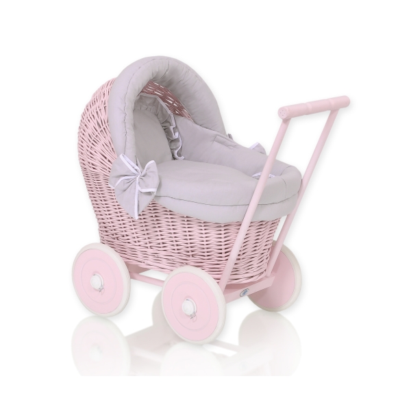 Landau Poussette de Poupée en Osier Rose Gris