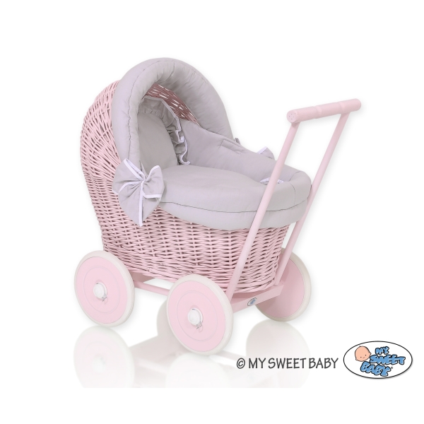 Landau Poussette de Poupée en Osier Rose Gris