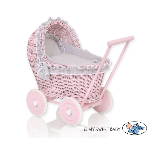 Landau Poussette de Poupée en Osier Rose Gris