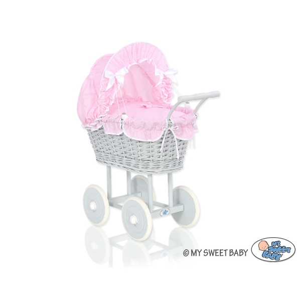 Landau Poussette de Poupée en Osier Rose Gris à Carreaux